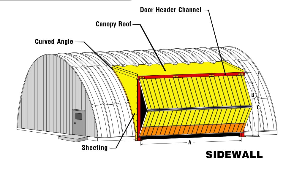Round roof building with bifold door in sidewall