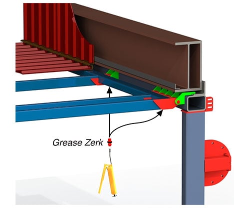 Accessible grease zerks on hydraulic door hinges - Only from Schweiss