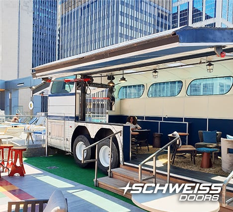 Bobby Hotel Calls Schweiss Doors to open Bobby Bus on the Roof