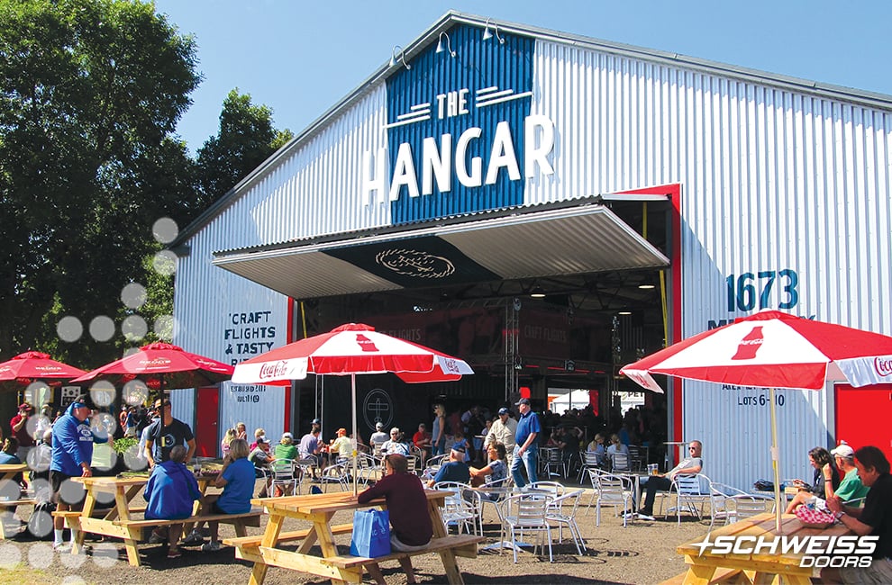 Schweiss Hangar Doors connects outdoor seating to restaurant at State Fair in Minnesota