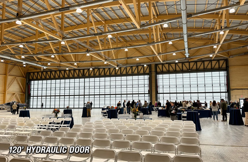 Event held in hangar fitted with 120ft Schweiss Hydraulic Door