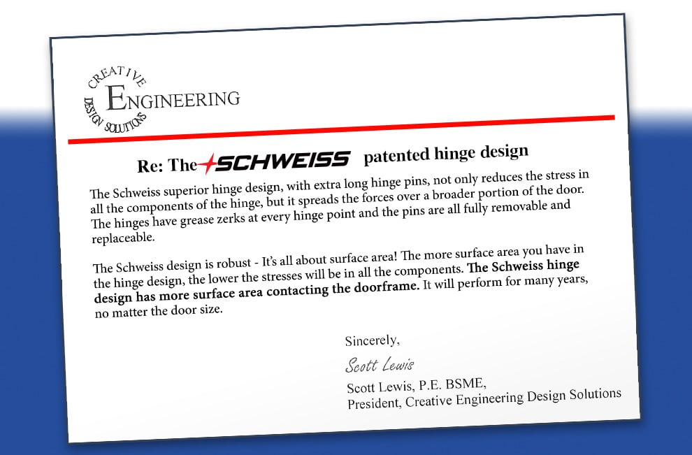 Schweiss superior hinge design reduces the stress in all components of the hinge and spreads the forces over the door
