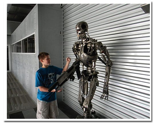 A robotically controlled Terminator robot which was a movie studio prop is a real hit with the kids.